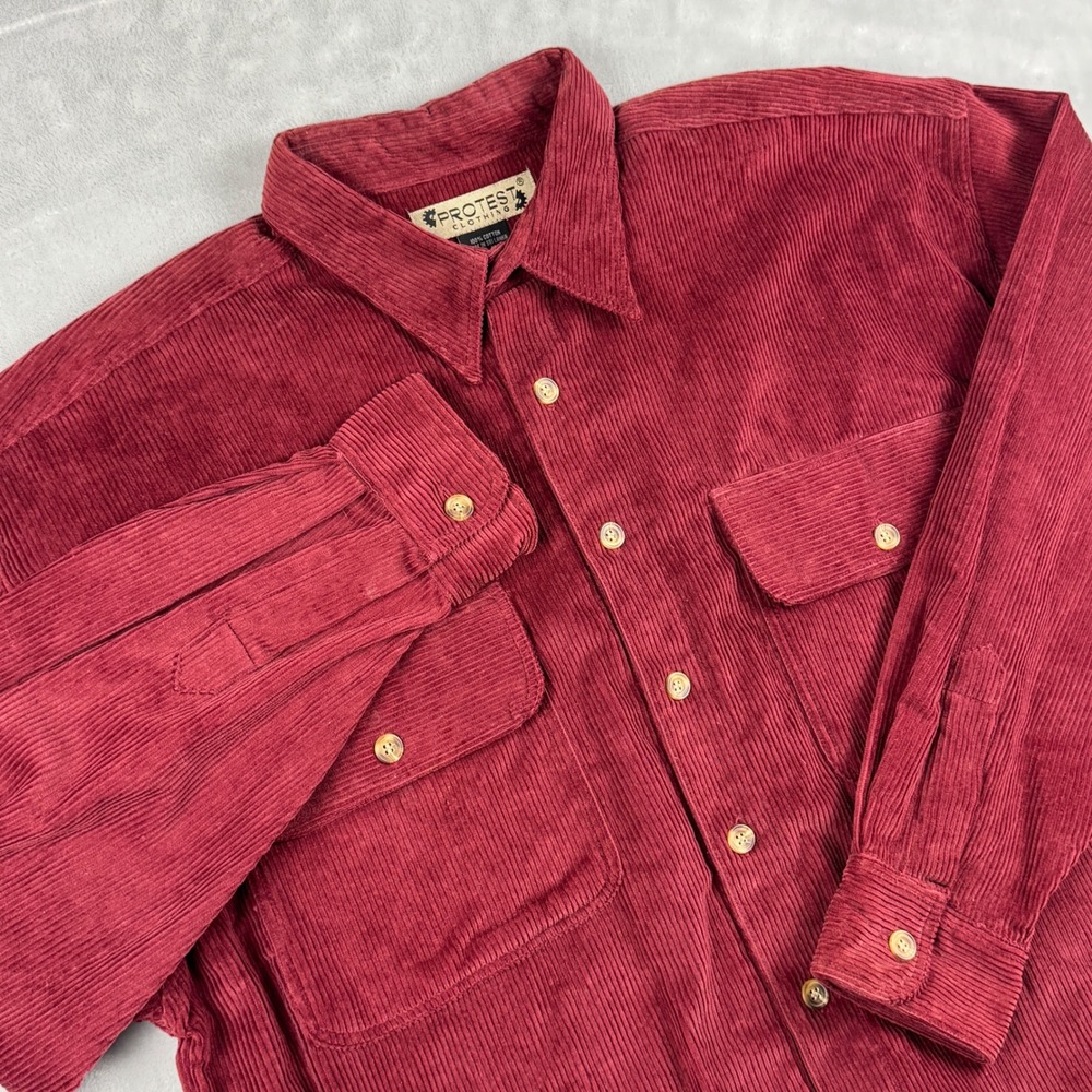 VTG Men's Burgundy 100% Cotton Y2K Corduroy‎ Long Sleeve Button Up Shirt Size L